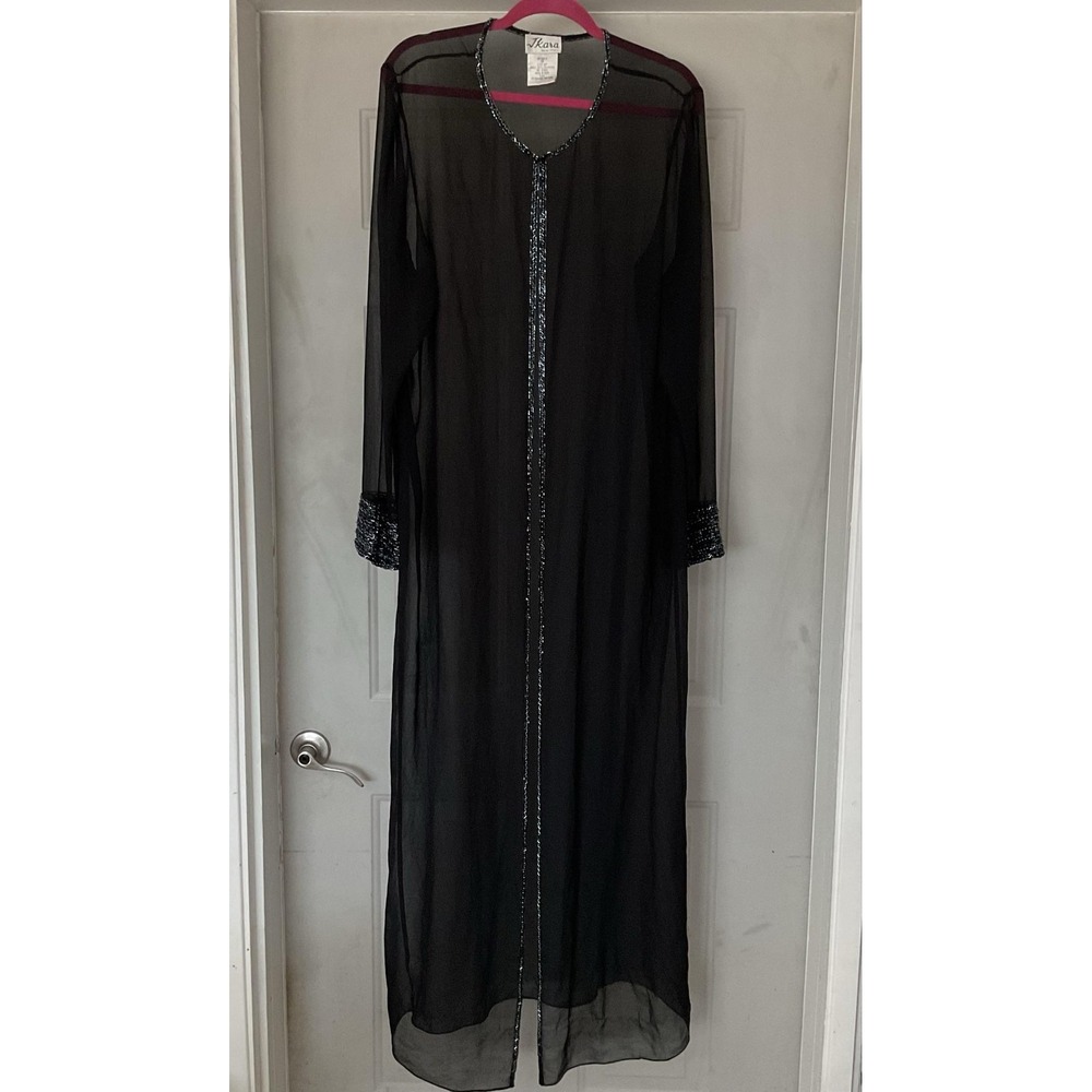 Kara Coat Womens 20 Black Sheer Chiffon Beaded Long Overcoat Duster Formal